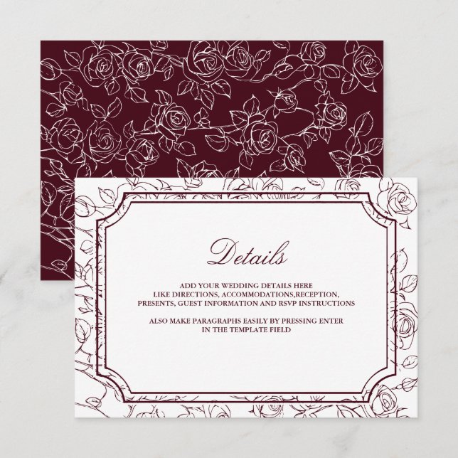 Victorian Burgundy Floral Line Art Wedding Details Enclosure Card (Front/Back)