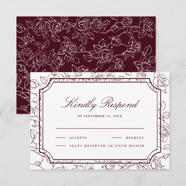 Victorian Burgundy Floral Line Art Wedding RSVP Card (Front/Back)