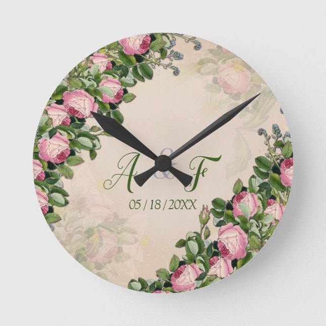 Victorian Bush Garden Green with Pink Roses Round Clock (Front)