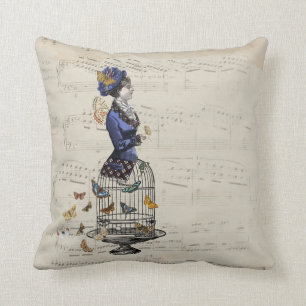 Victorian Butterfly Birdcage Steampunk Woman Tee Cushion