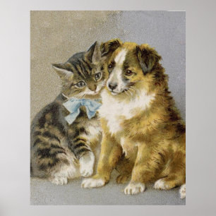 Victorian cat and dog friendship poster