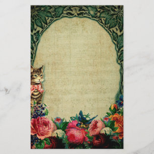Victorian cat and sheet music rose floral vintage stationery