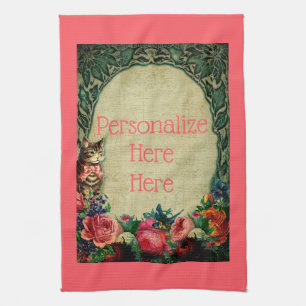 Victorian cat and sheet music rose floral vintage tea towel