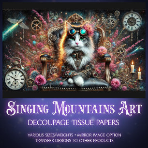 Victorian Cat Floral Steampunk Clocks Decoupage  Tissue Paper