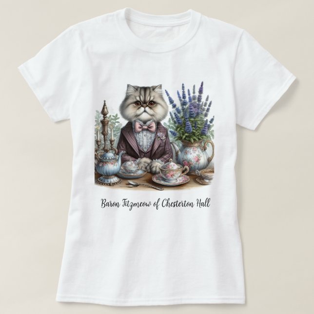 Victorian Cat Gentleman Tea Party T-Shirt (Design Front)