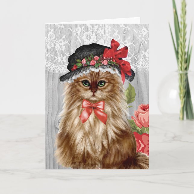 Victorian Cat in Hat Greeting Card (Front)