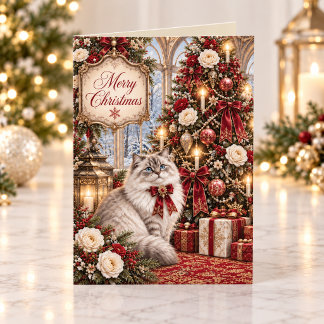Victorian Cat Vintage Red Floral Christmas Holiday Card