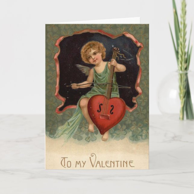 Victorian Cello Playing Cupid Valentine's Day Card (Front)