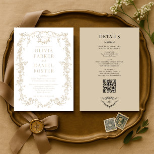 Victorian Champagne Beige All in One Wedding  Invitation