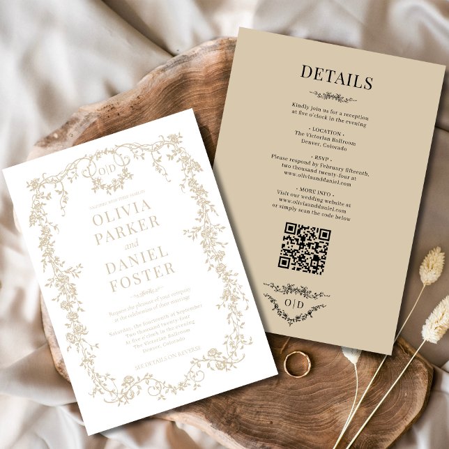 Victorian Champagne Beige All in One Wedding  Invitation (Creator Uploaded)