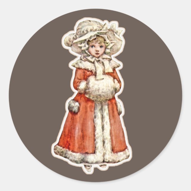 Victorian child paper doll winter coat hand muff classic round sticker (Front)