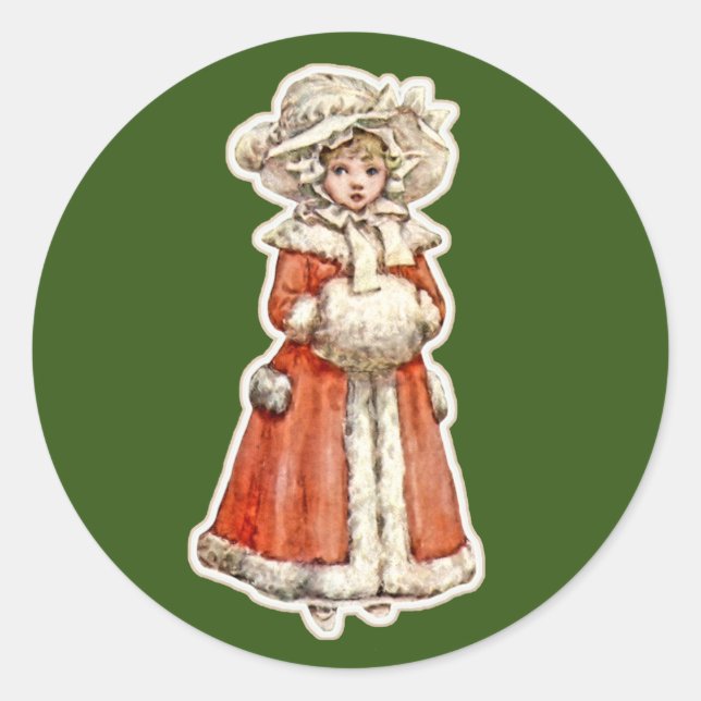 Victorian child paper doll winter cute coat muff classic round sticker (Front)