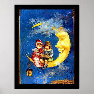 Victorian Children at the moon vintage poster