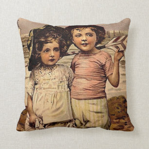 Victorian Children Beach Vintage Postcard Art Cushion