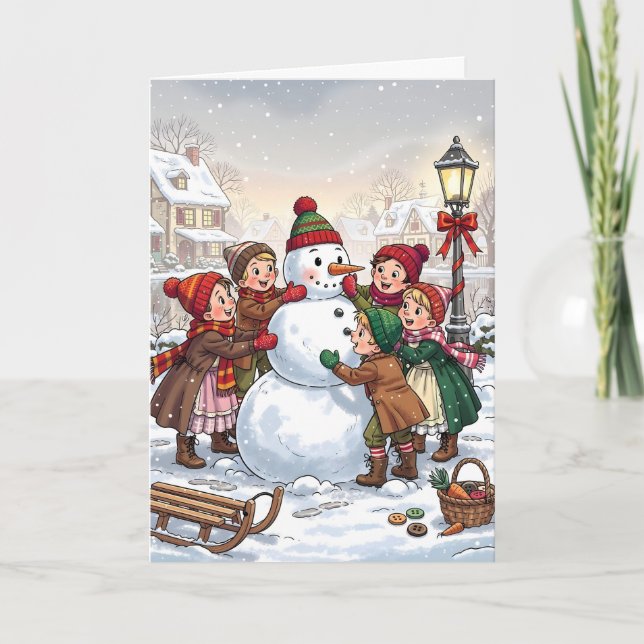 Victorian children build a snowman card (Front)