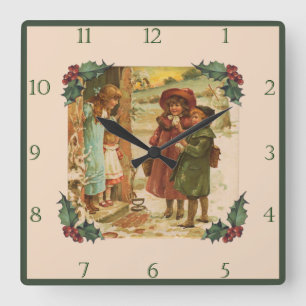 Victorian Children Christmas Break Square Wall Clo Square Wall Clock