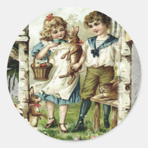 Victorian Children Easter Bunny Chick Egg Birdhous Classic Round Sticker
