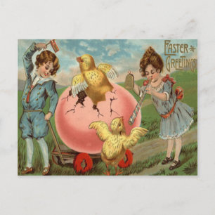Victorian Children Easter Chick Coloured Egg Holiday Postcard