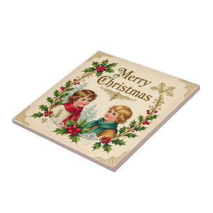 Victorian children Merry Christmas vintage Ceramic Tile