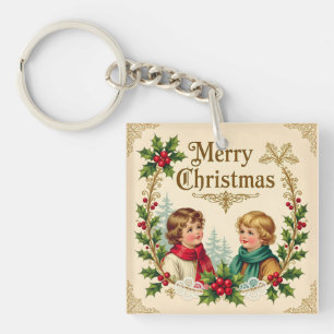 Victorian children Merry Christmas vintage Key Ring