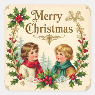 Victorian children Merry Christmas vintage Square Sticker