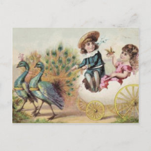 Victorian Children Ostrich Easter Egg Holiday Postcard
