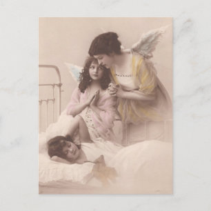Victorian children, praying angels  postcard