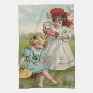 Victorian Children Vintage Summer Girls Garden Tea Towel