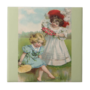 Victorian Children Vintage Summer Girls Garden Tile
