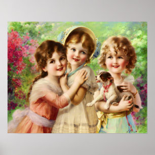 Victorian Children with Puppy, Emile Vernon Poster