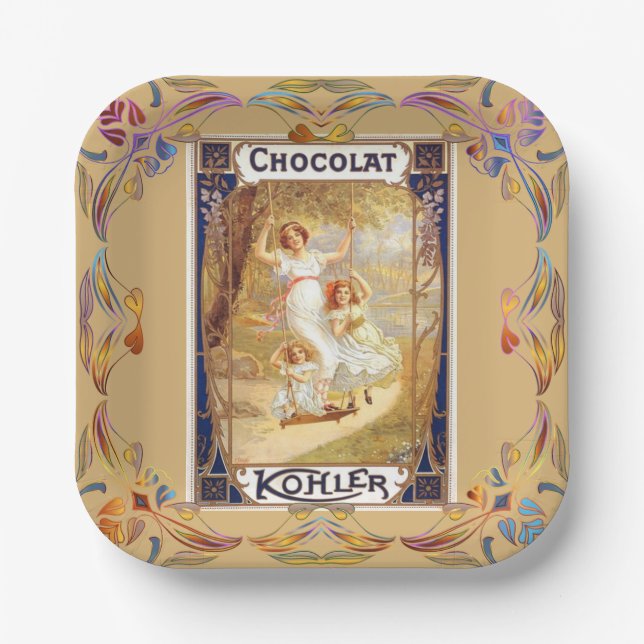 Victorian chocolate advertisement gold blue paper plate (Front)