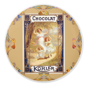 Victorian chocolate label floral elegant gold blue ceramic knob