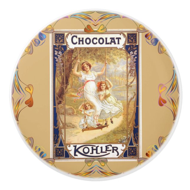 Victorian chocolate label floral elegant gold blue ceramic knob (Front)