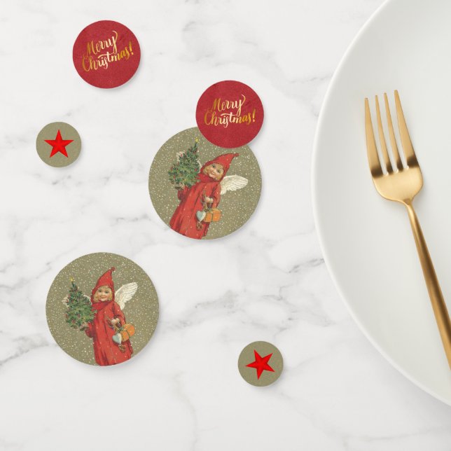 Victorian Christmas Angel Little Tree Red Stars Confetti (Group)