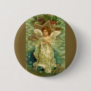 Victorian Christmas Angel with Vintage Gold Star 6 Cm Round Badge