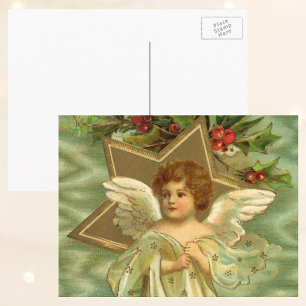 Victorian Christmas Angel with Vintage Gold Star Holiday Postcard