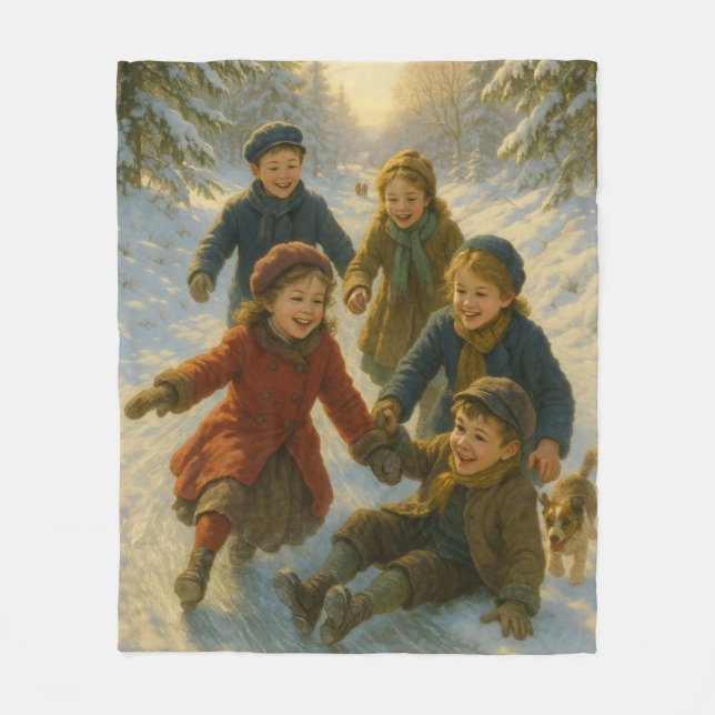 Victorian Christmas Blanket – Kids Playing in Snow (Front)