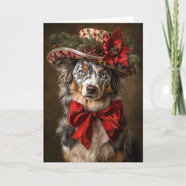 Victorian Christmas Blue Merle Aussie Holiday Card (Front)