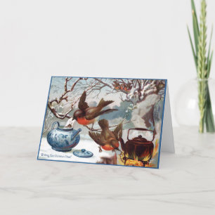 Victorian Christmas Card Birds & Holiday Tea
