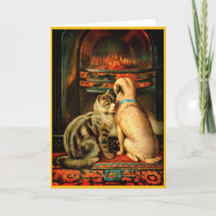 Victorian Christmas Card Friendly Dog & Cat
