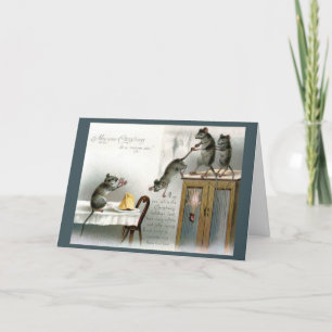 Victorian Christmas Card Mice Enjoy Holiday Feast