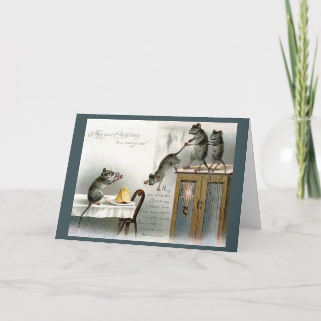 Victorian Christmas Card Mice Enjoy Holiday Feast (Front)