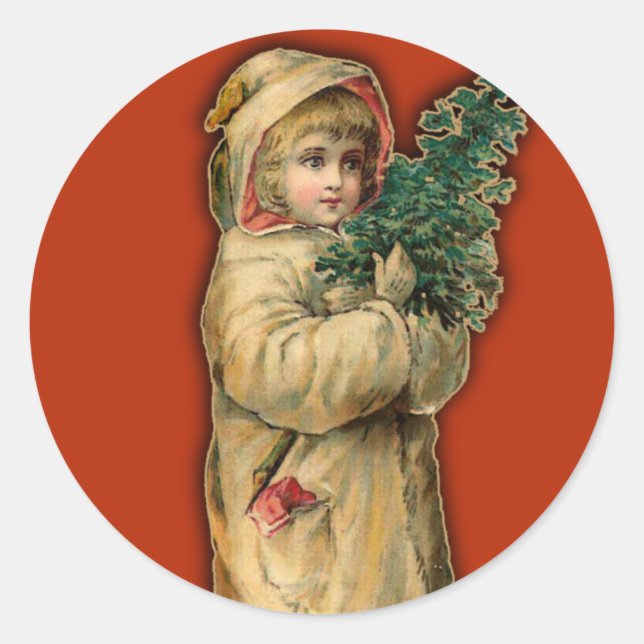 Victorian Christmas Cards Child with Tree Classic Round Sticker (Front)