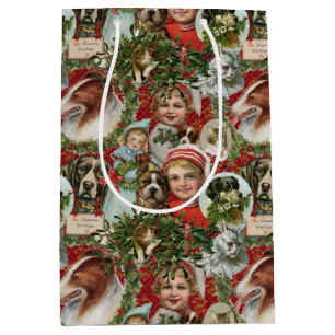 Victorian Christmas Cats And Dogs Scrap Collage Medium Gift Bag