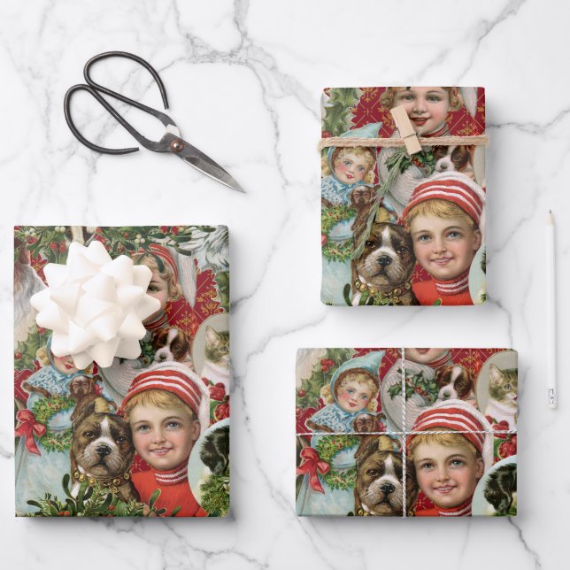 Victorian Christmas Cats And Dogs Scrap Collage Wrapping Paper Sheet (Front)