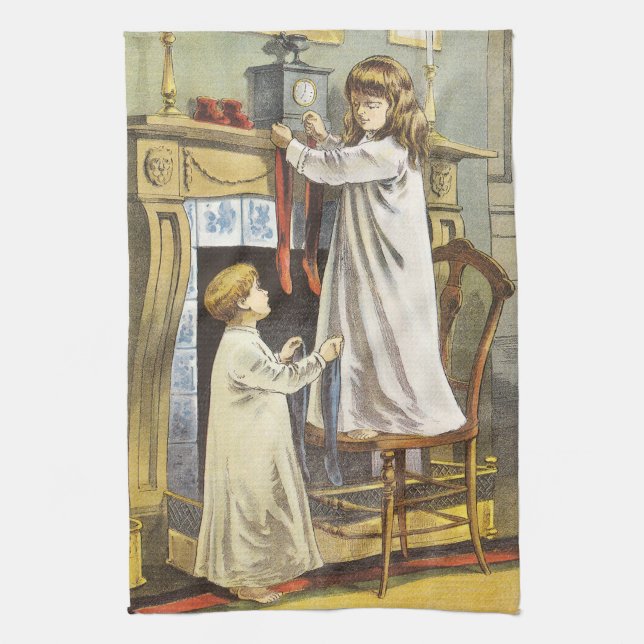 Victorian Christmas, Children Christmas Stockings Tea Towel (Vertical)