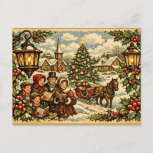 Victorian Christmas Church and Christmas Carols Holiday Postcard