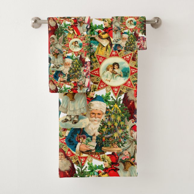 VICTORIAN CHRISTMAS COLLAGE BATH TOWEL SET (Insitu)