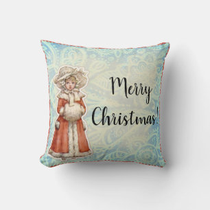Victorian Christmas Girl in Fur Red Coat Cushion