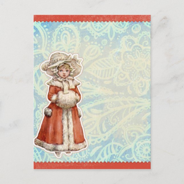 Victorian Christmas Girl in Fur Red Coat Holiday Postcard (Front)